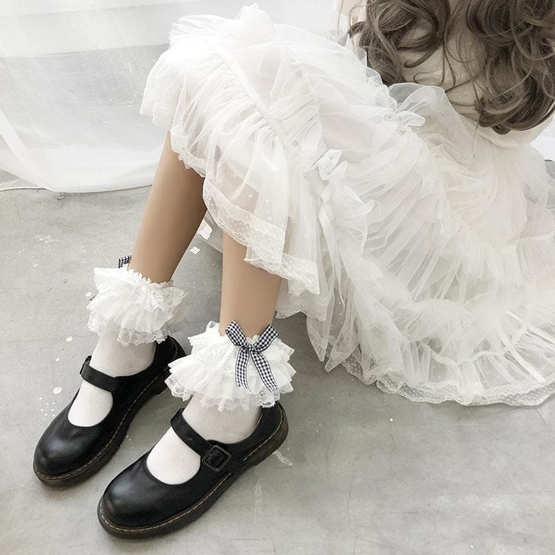 Sweet Gingham Bow Ruffled Lace Ankle Socks | Vintage-Inspired Fall Charm