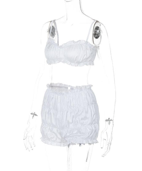 Dreamy Silky Ruched Cami Top & Bubble Shorts Set – Luxe Loungewear for Cozy Fall Evenings