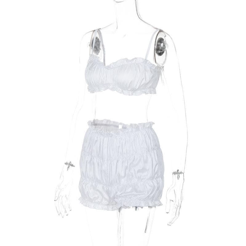 Dreamy Silky Ruched Cami Top & Bubble Shorts Set – Luxe Loungewear for Cozy Fall Evenings