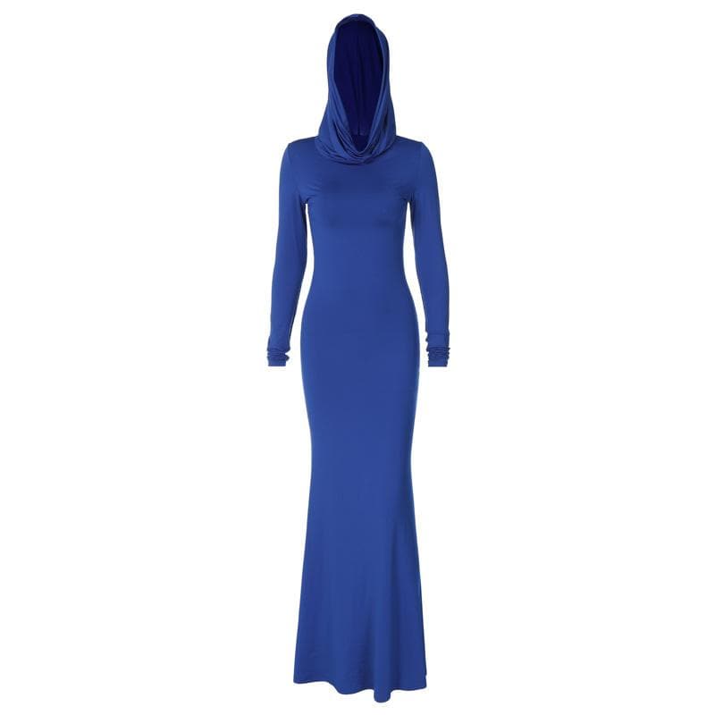 Chic Royal Blue Hooded Maxi Dress - Long Sleeve Fall & Holiday Essential
