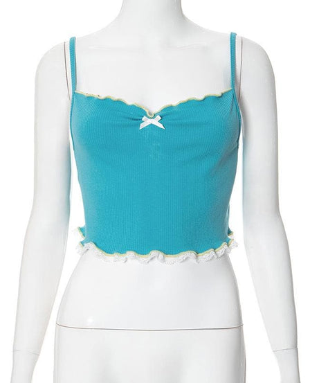Sweetheart Teal Ribbed Cami Crop Top – Coquette Bow & Lace Ruffle for Fall Layering