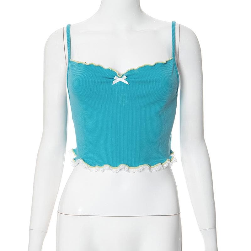 Sweetheart Teal Ribbed Cami Crop Top – Coquette Bow & Lace Ruffle for Fall Layering
