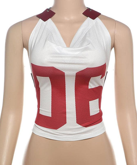 Varsity Vibe '06' Halter Crop Top - Y2K Mesh Cowl Neck for Game Day Style