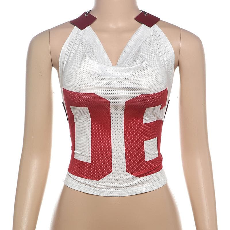 Varsity Vibe '06' Halter Crop Top - Y2K Mesh Cowl Neck for Game Day Style