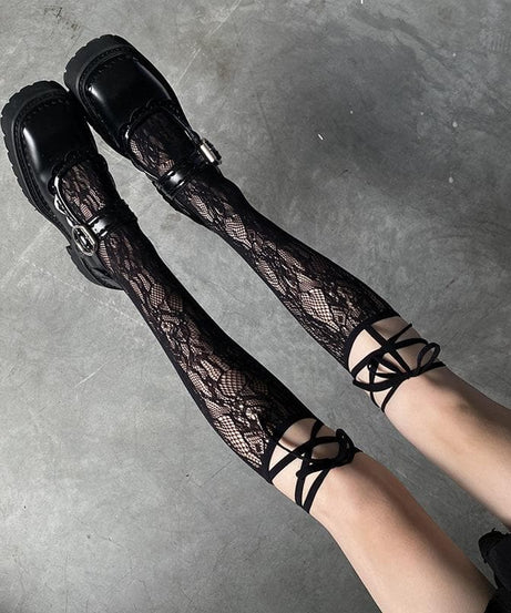 Gothic Chic Sheer Lace Thigh High Socks with Ribbon Ties - Your Fall & Halloween Style Secret
