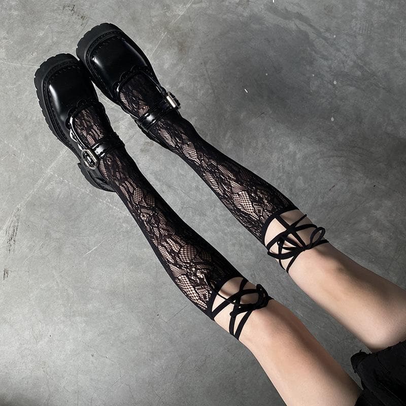 Gothic Chic Sheer Lace Thigh High Socks with Ribbon Ties - Your Fall & Halloween Style Secret