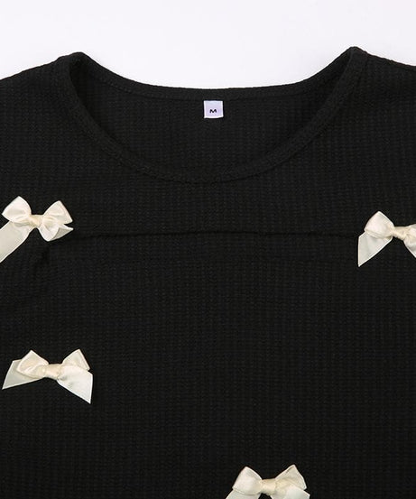 Coquette Charm: Black Bowknot Lace-Up Long Sleeve Crop Top | Chic Fall Cut-Out Style