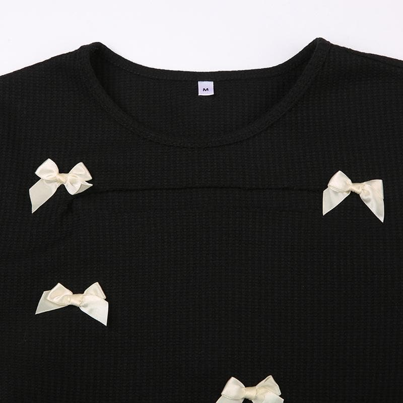 Coquette Charm: Black Bowknot Lace-Up Long Sleeve Crop Top | Chic Fall Cut-Out Style