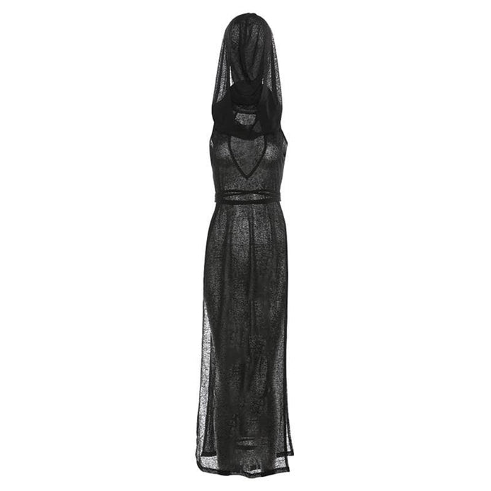 Mystic Vixen Hooded Sheer Maxi Dress – Daring Cutouts & High Slits for Halloween & Club Nights