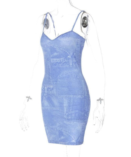 Y2K Faux Denim Print Mini Dress - Chic V-Neck Spaghetti Strap Bodycon for Fall Parties