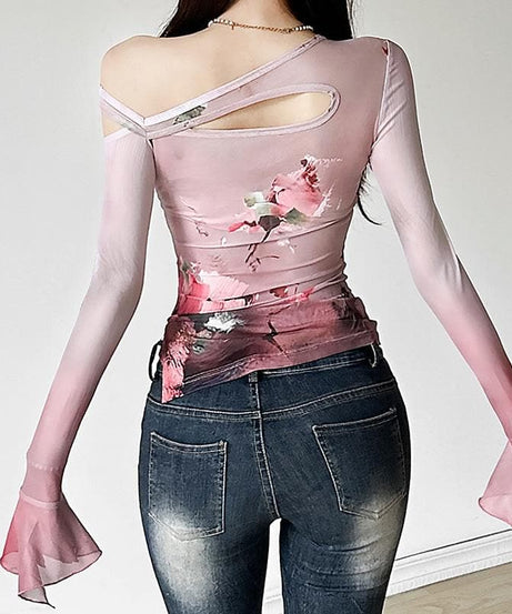 Autumn Rose Rendezvous Asymmetrical Mesh Top - Flared Sleeves & Tie Detail