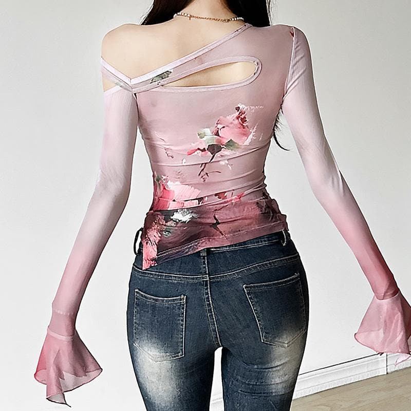 Autumn Rose Rendezvous Asymmetrical Mesh Top - Flared Sleeves & Tie Detail