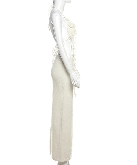 Boho Bloom Knit Halter Crop Top & Maxi Skirt Set - Cream Floral Two-Piece for Fall & Winter Getaways