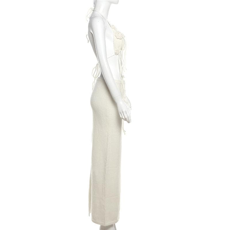 Boho Bloom Knit Halter Crop Top & Maxi Skirt Set - Cream Floral Two-Piece for Fall & Winter Getaways