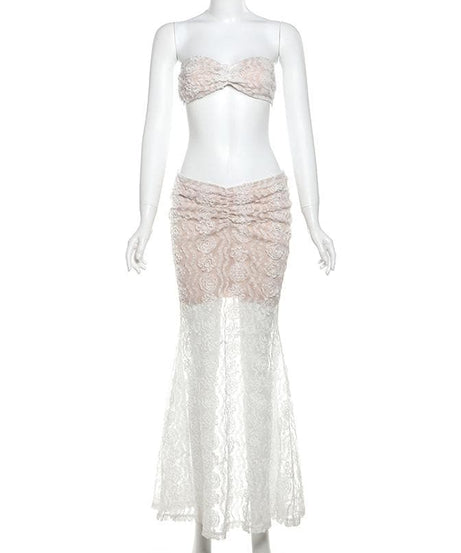 Elegant Floral Lace Two-Piece Set: Bandeau Top & Mermaid Maxi Skirt – Holiday & Wedding Guest Ready