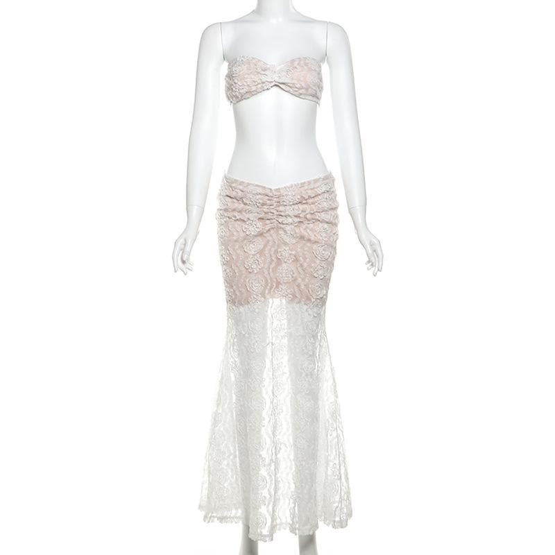 Elegant Floral Lace Two-Piece Set: Bandeau Top & Mermaid Maxi Skirt – Holiday & Wedding Guest Ready