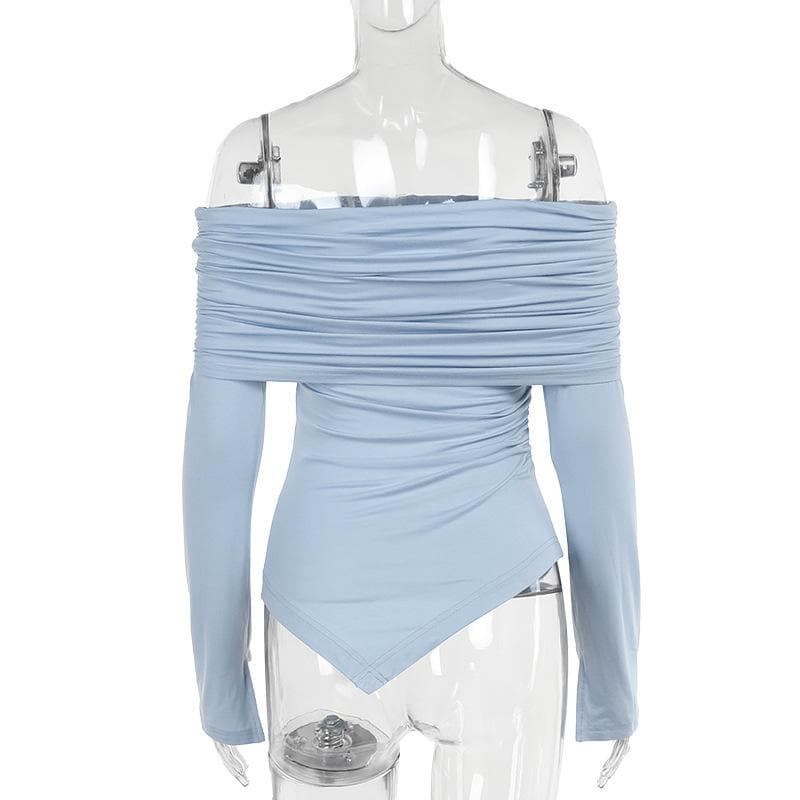 Sky Blue Off-Shoulder Ruched Long Sleeve Top - Asymmetrical Hem for Effortless Fall Style