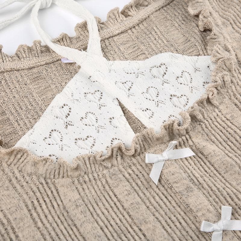 Autumn Coquette Ribbed Knit Crop Top: Layered Halter, Ruffles & Bows