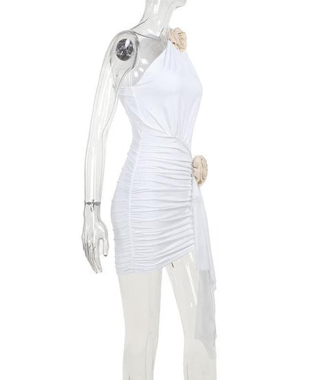 Chic White One-Shoulder Floral Ruched Mini Dress - Holiday Party & New Year's Eve Ready