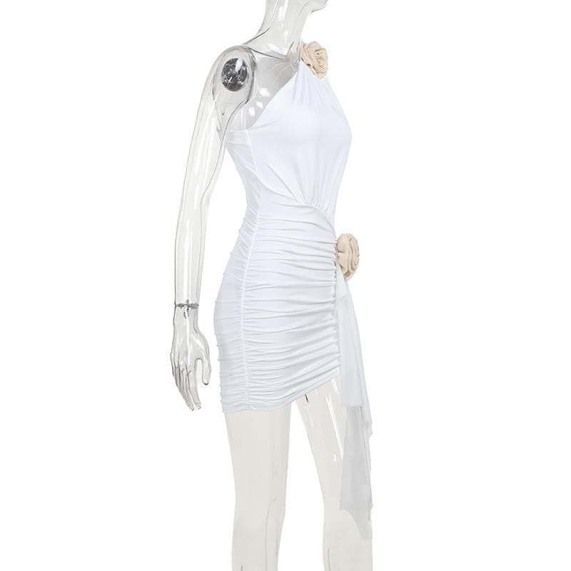 Chic White One-Shoulder Floral Ruched Mini Dress - Holiday Party & New Year's Eve Ready