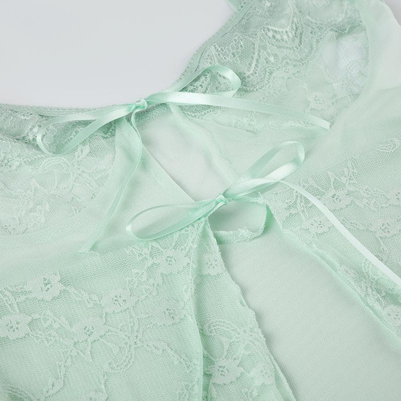 Whisper Blue Coquette Sheer Lace Tie-Front Top – Ethereal Fall Layering & Date Night Chic