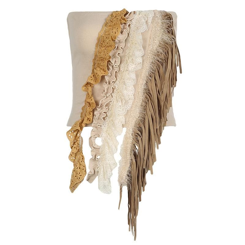 Fall Fringe Flair: Boho Layered Lace & Ruffle Tube Top for Women
