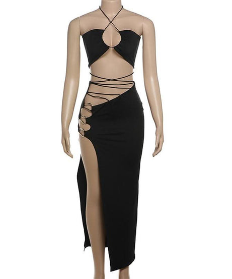 Y2K Goddess O-Ring Halter Crop Top & High Slit Maxi Skirt Set | Black Party & Vacation Wear