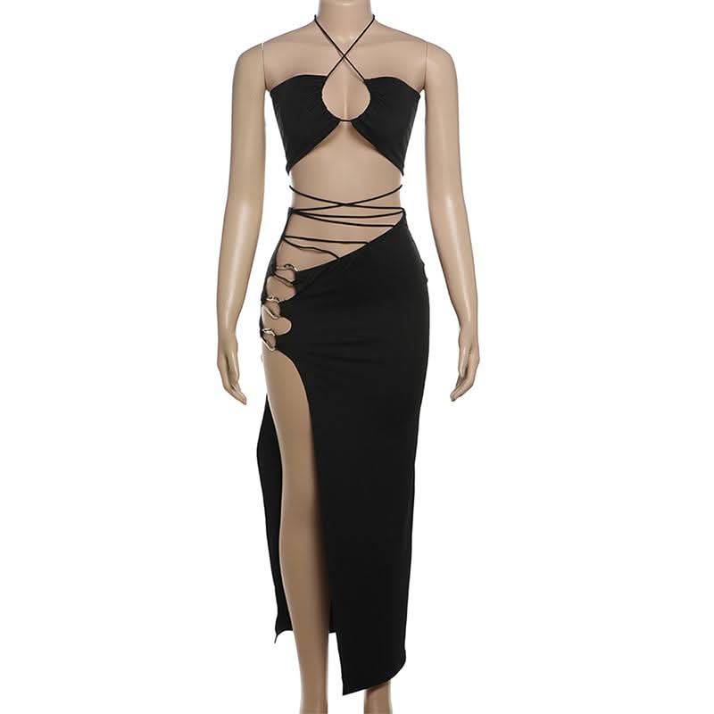 Y2K Goddess O-Ring Halter Crop Top & High Slit Maxi Skirt Set | Black Party & Vacation Wear