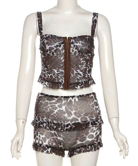 Wild Instincts Leopard Mesh Cami & Ruffle Shorts Set - Fierce Fall Loungewear
