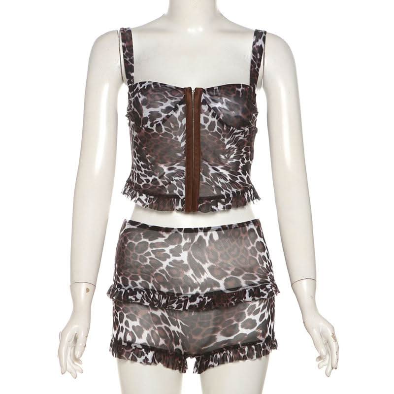 Wild Instincts Leopard Mesh Cami & Ruffle Shorts Set - Fierce Fall Loungewear