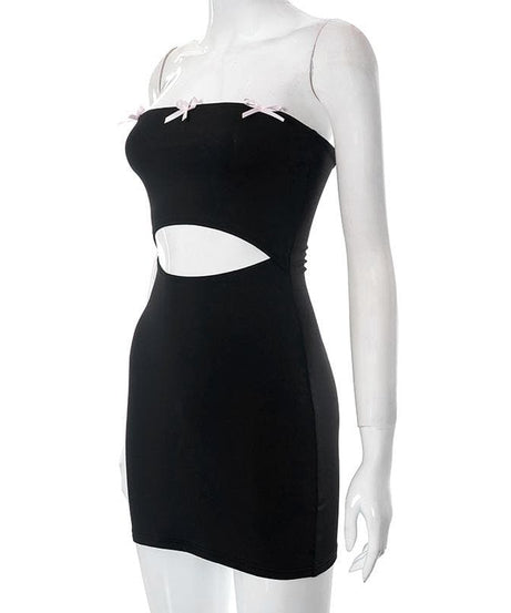 Sultry Black Cut-Out Mini Dress - Bowknot Strapless Bodycon for Fall Parties & Nights Out