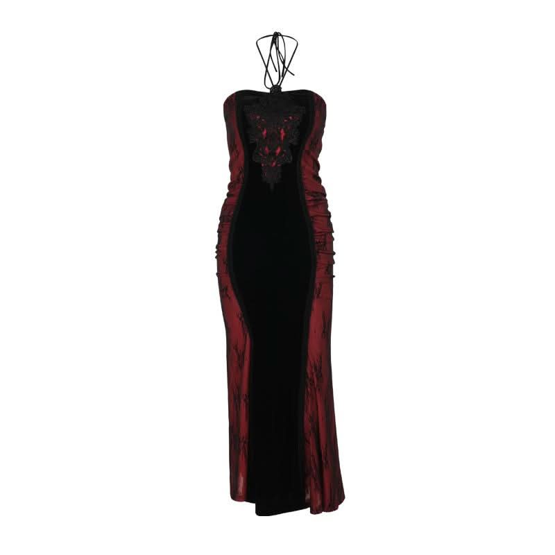 Sultry Enchantress: Velvet & Crimson Embroidered Halter Maxi Dress for Fall & Holiday Soirées