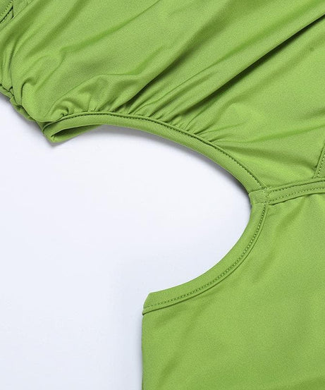 Vibrant Lime Green Ruched Cut-Out Midi Dress with High Slit | Fall Party & Vacation Ready