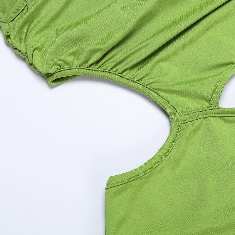 Vibrant Lime Green Ruched Cut-Out Midi Dress with High Slit | Fall Party & Vacation Ready