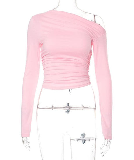 Chic Fall Nights: Asymmetrical Ruched Off-Shoulder Top – Your Essential Black Long Sleeve