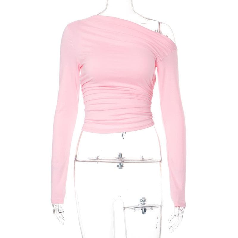 Chic Fall Nights: Asymmetrical Ruched Off-Shoulder Top – Your Essential Black Long Sleeve