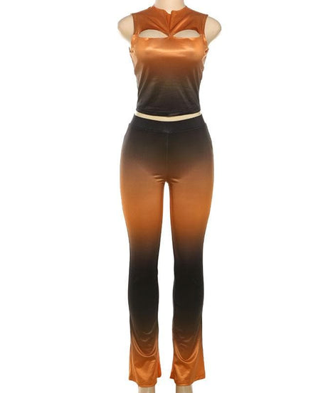 Fall Ombre Chic: Sleeveless Mock Neck Crop Top & Flared Pant Set