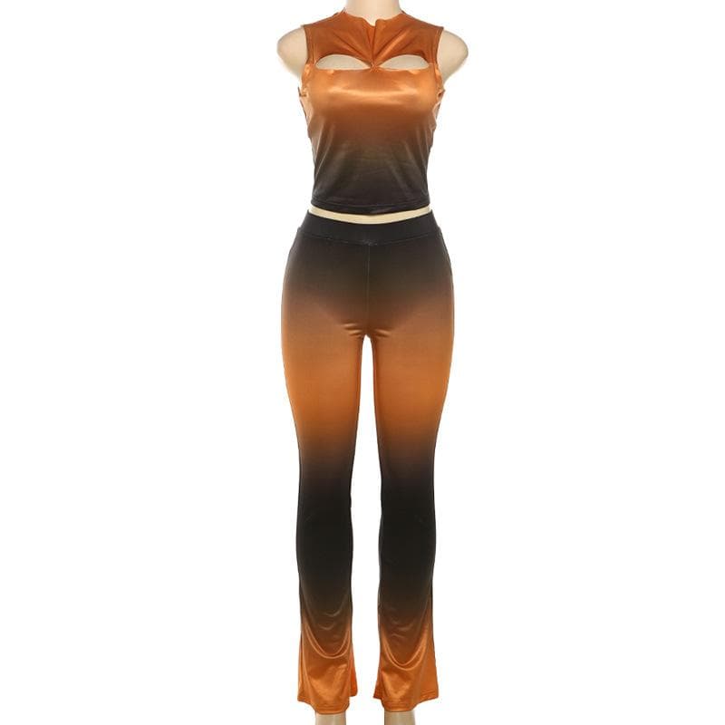 Fall Ombre Chic: Sleeveless Mock Neck Crop Top & Flared Pant Set