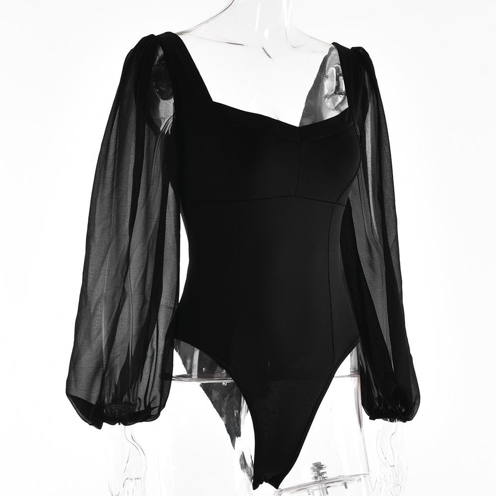 Effortless Elegance: Backless Sweetheart Bodysuit with Sheer Puff Sleeves | Fall & Holiday Chic