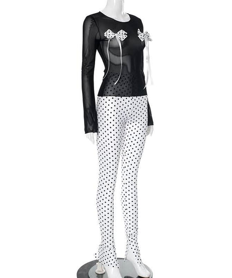 Spooky Chic Polka Dot Bow Mesh Co-ord Set - Daring Halloween & Fall Party Outfit