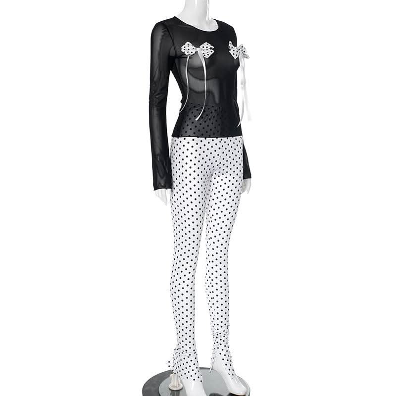 Spooky Chic Polka Dot Bow Mesh Co-ord Set - Daring Halloween & Fall Party Outfit