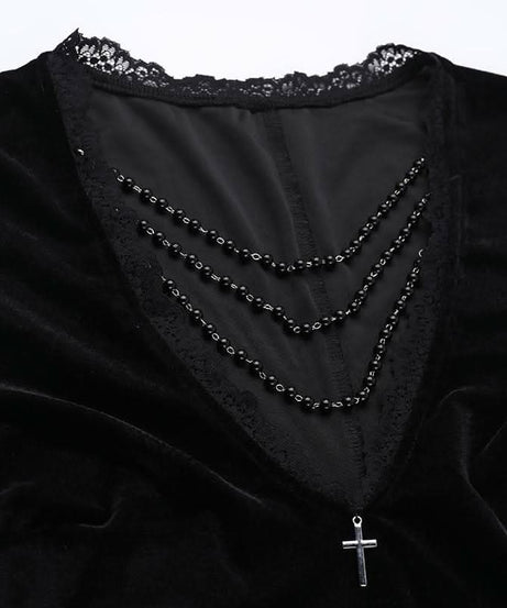 Bewitching Black Velvet & Lace Maxi Dress - Elegant Bell Sleeve Gown for Halloween & Fall Soirees