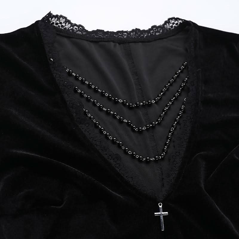 Bewitching Black Velvet & Lace Maxi Dress - Elegant Bell Sleeve Gown for Halloween & Fall Soirees