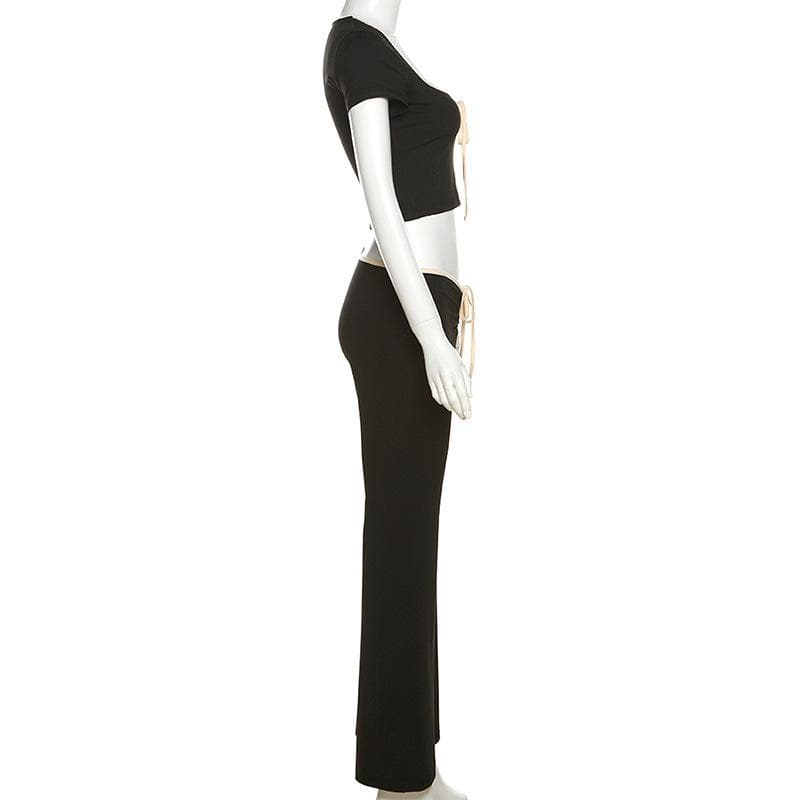 Fall Comfort & Style: Y2K Contrast Tie Crop Top & Flare Pant Lounge Set for Women