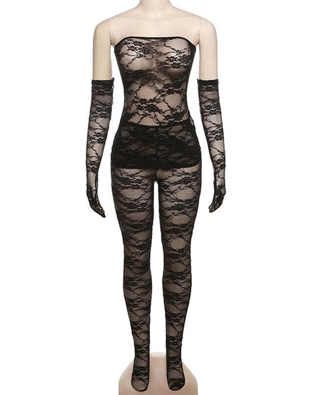 Alluring Black Lace Strapless Bodysuit & Long Gloves Set | Perfect for Halloween & Romantic Fall Nights