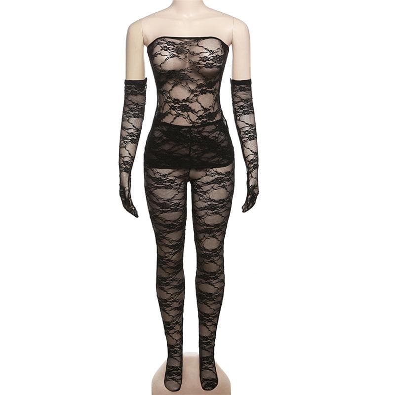 Alluring Black Lace Strapless Bodysuit & Long Gloves Set | Perfect for Halloween & Romantic Fall Nights