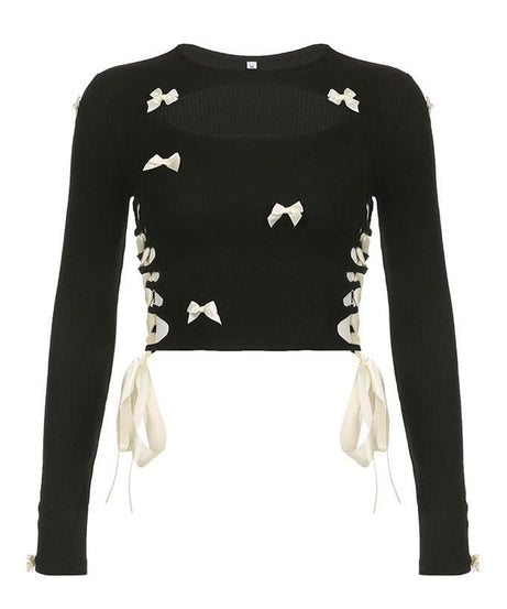 Coquette Charm: Black Bowknot Lace-Up Long Sleeve Crop Top | Chic Fall Cut-Out Style
