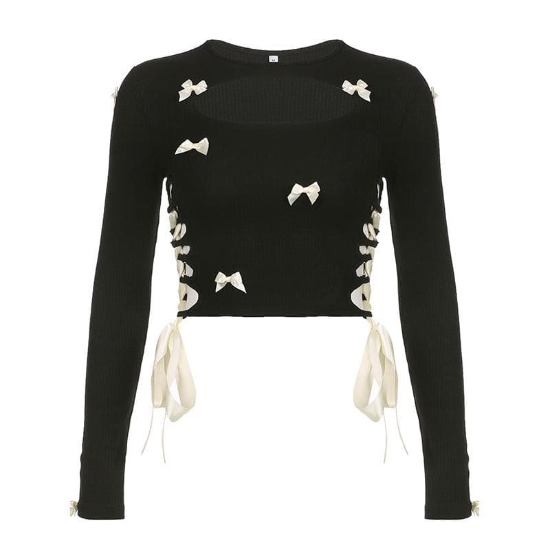 Coquette Charm: Black Bowknot Lace-Up Long Sleeve Crop Top | Chic Fall Cut-Out Style