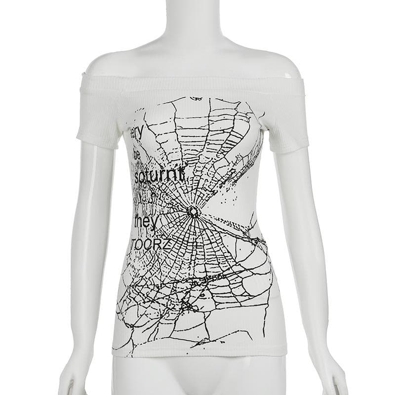 Haunted Web Off-Shoulder Ribbed Top | Edgy Fall Fashion & Halloween Ready