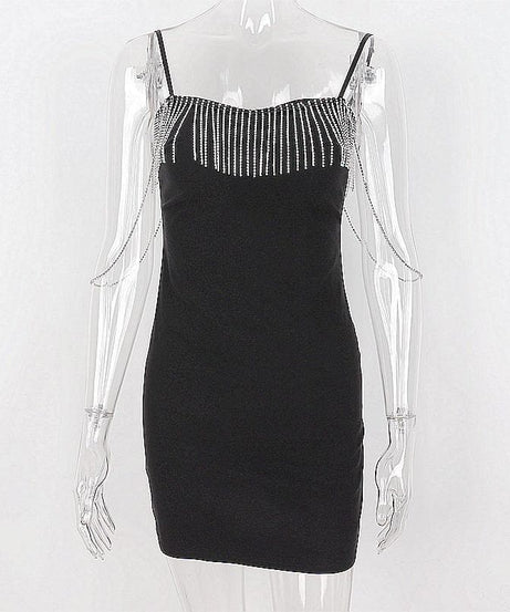 Dazzling Chain Tassel Sweetheart Mini Dress - Black Bodycon Party & Holiday Glam
